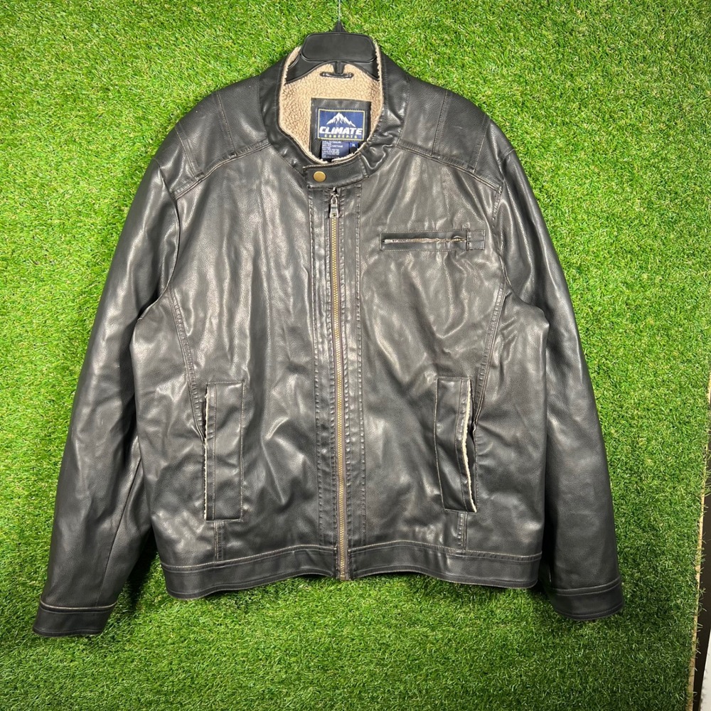 Climate Concepts Mens XL Black Faux Leather Sherpa Lined‎ Moto Jacket